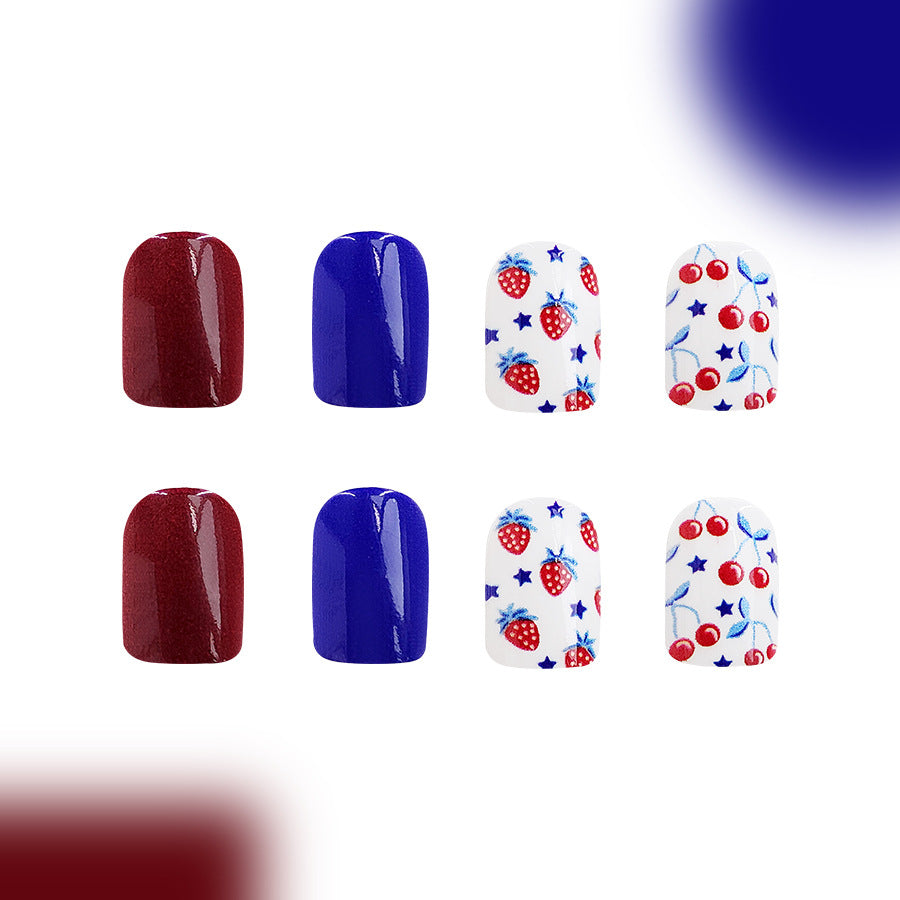 Short Glossy Red And Blue Combined Strawberry Cherry Independence Day Wear Manicure 24 Pieces
