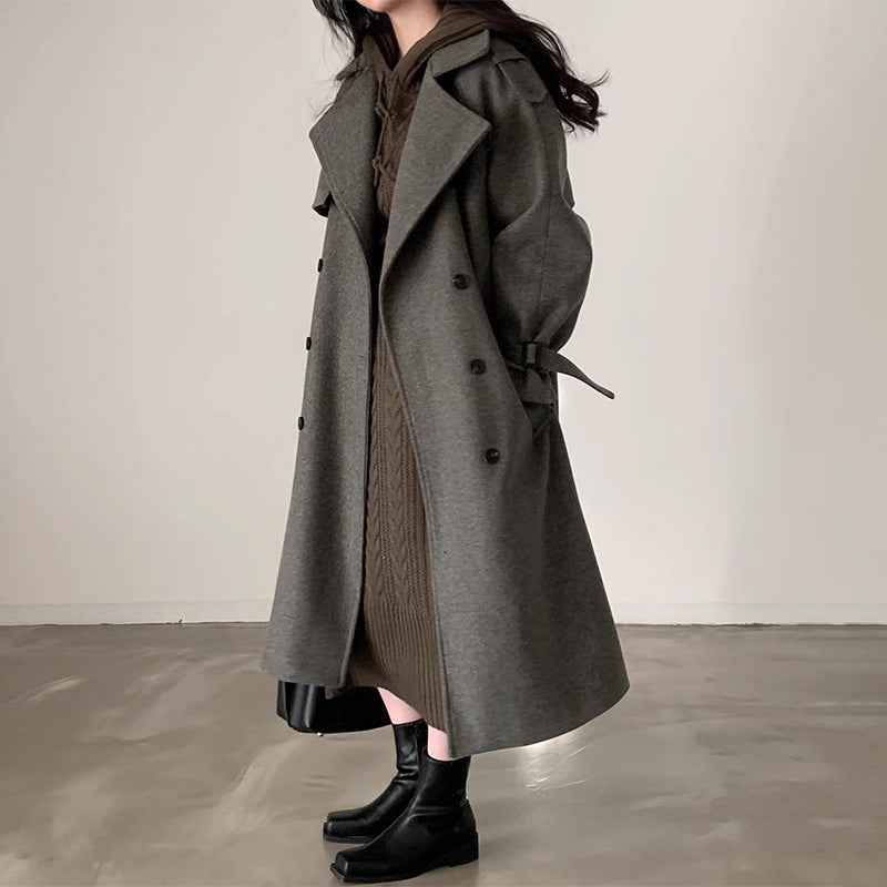 Double Breasted Lace-up Waist-controlled Slimming Mid-length Woolen Coat