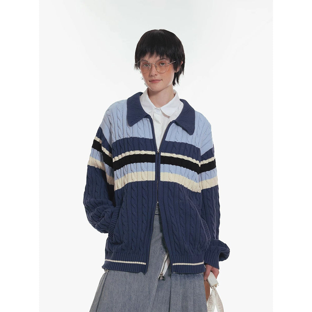 Twisted Woolen Yarn Striped Double-headed Zipper Cardigan Sweater