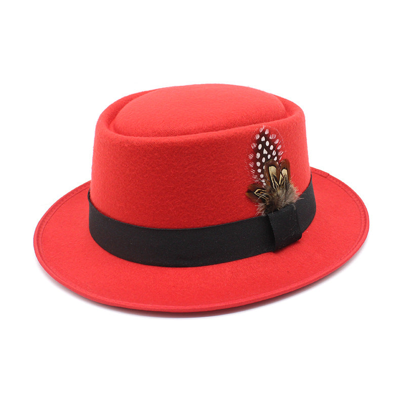 Versatile Jazz Hat Flat Top Woolen Feather French