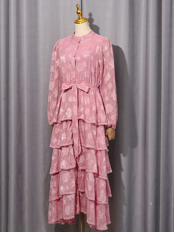 Round Neck Long Sleeve Lace Embroidered Long Cake Dress
