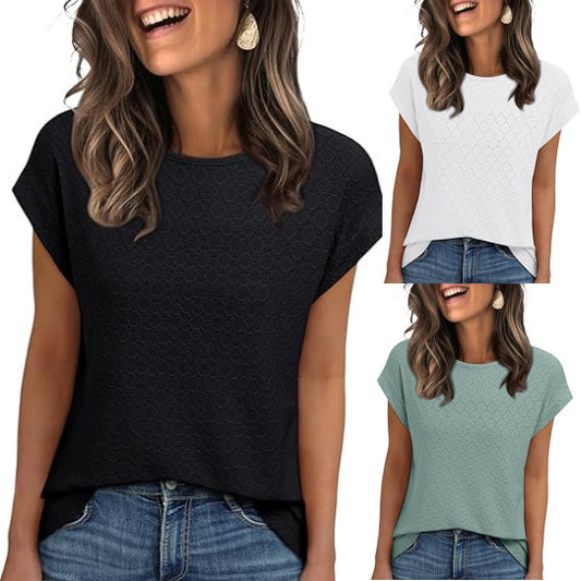 Women Top Eyelet Cap Sleeve Summer Jacquard Round Neck Short Sleeve