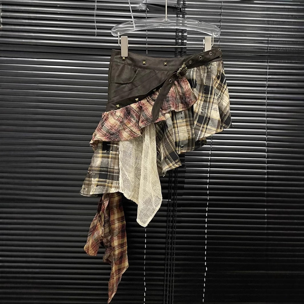 Stitching Tassel Plaid Skirt For Women Irregular Skirt