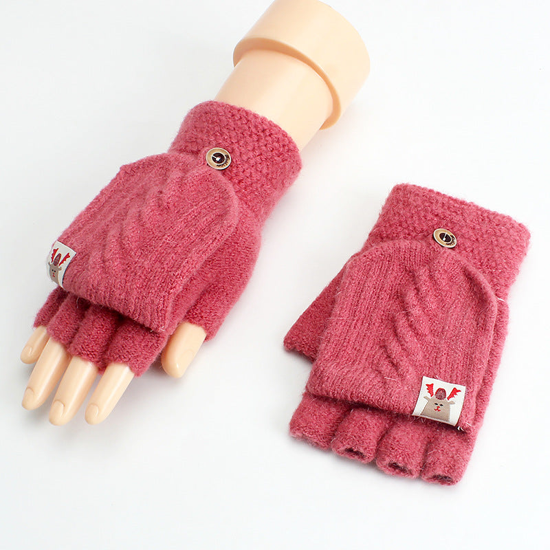 Thin Woolen Knitted Solid Color Clamshell Half-Finger Gloves
