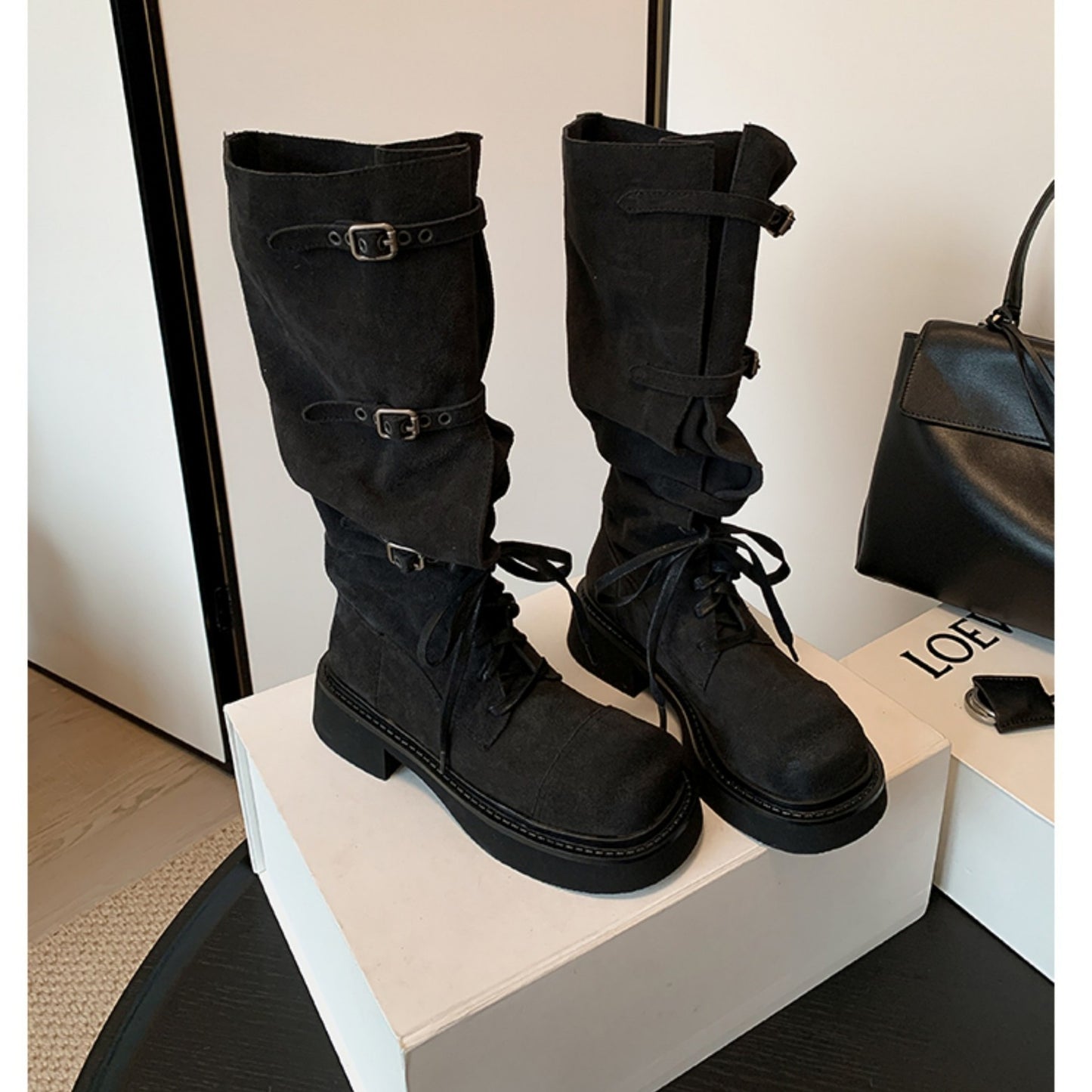 Women's Cowhide Lace-up Motorcycle-style Thigh-high Boots