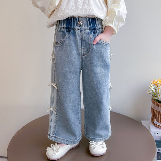Nye efterårsjeans med brede ben og sløjfe til børn