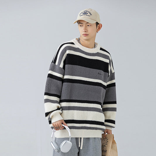 Men's Contrast Color Striped Sweater Men's Retro