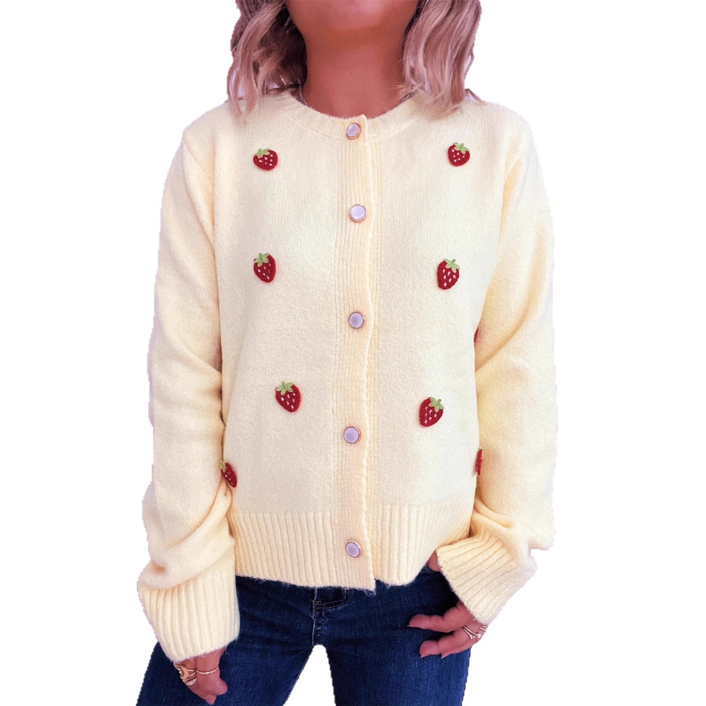 Cute Strawberry Jacquard Knitted Cardigan Round Neck Long Sleeve Sweater