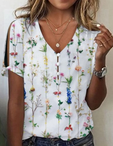Women's Printed Comfort And Casual V-neck Buttons Short Sleeve