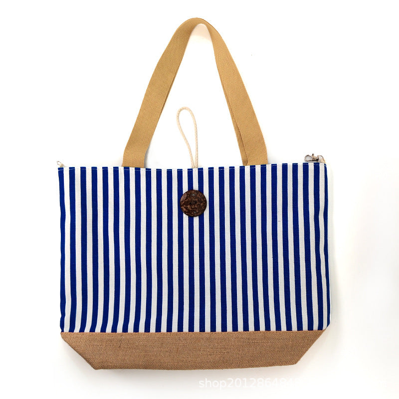 New Striped Canvas Large-Capacity Shoulder Commuter Tote Bag