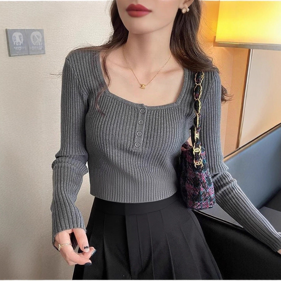 Inner Square Collar White Design Long Sleeve Knitted Sweater