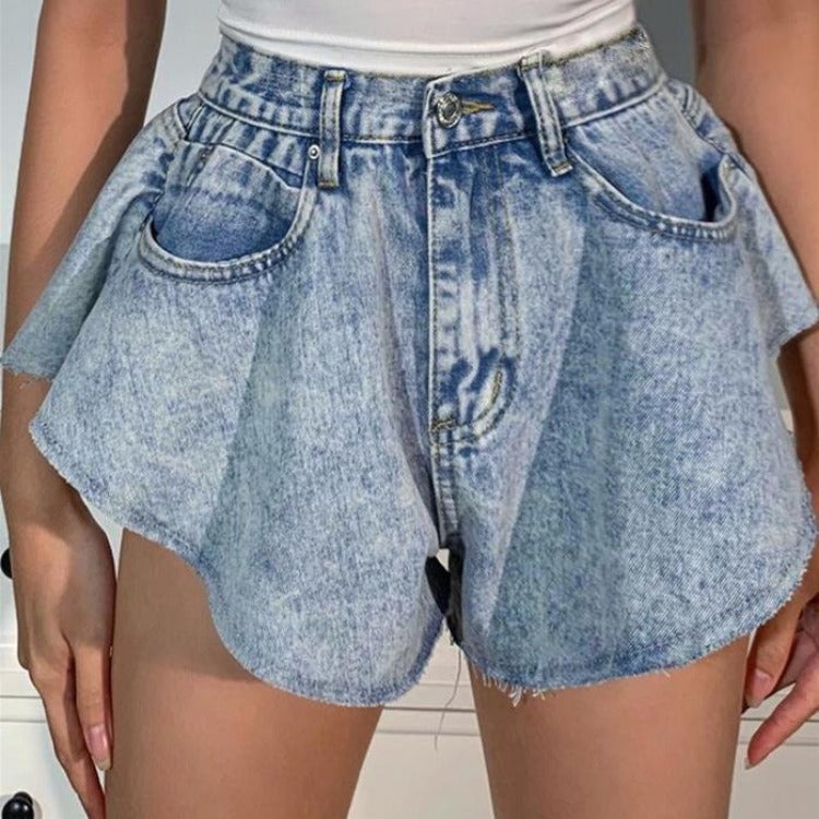 Washed Raw-edge Denim Shorts Versatile And High-waisted