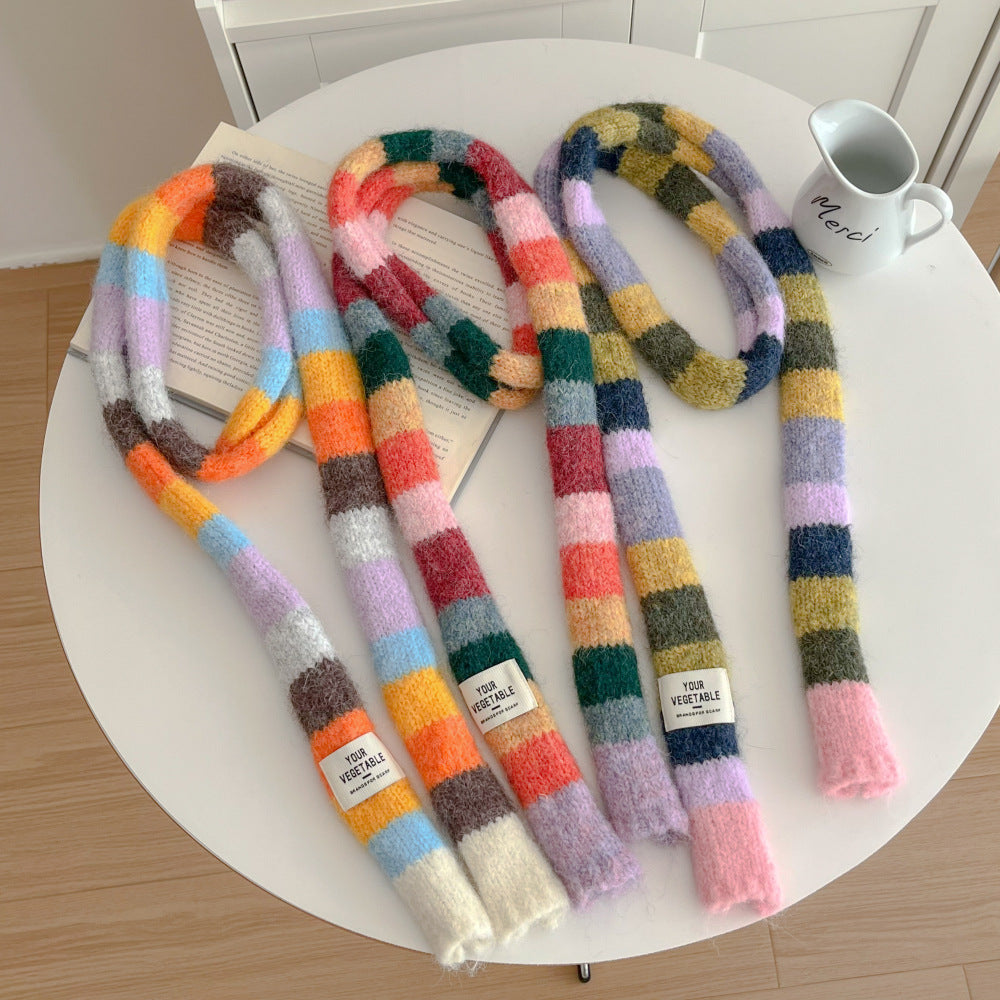 Versatile Narrow Rainbow-colored Retro Slim Long Scarf With A Chic Knitted Design