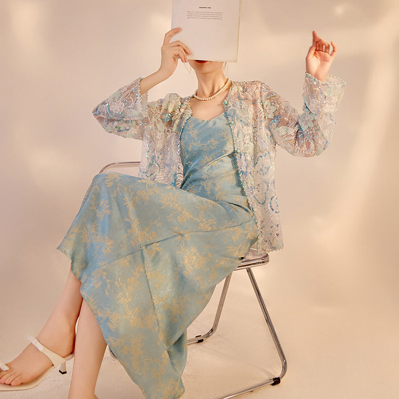 Chinese Embroidery Sequined Round Neck Top Pearl Embroidery Coat