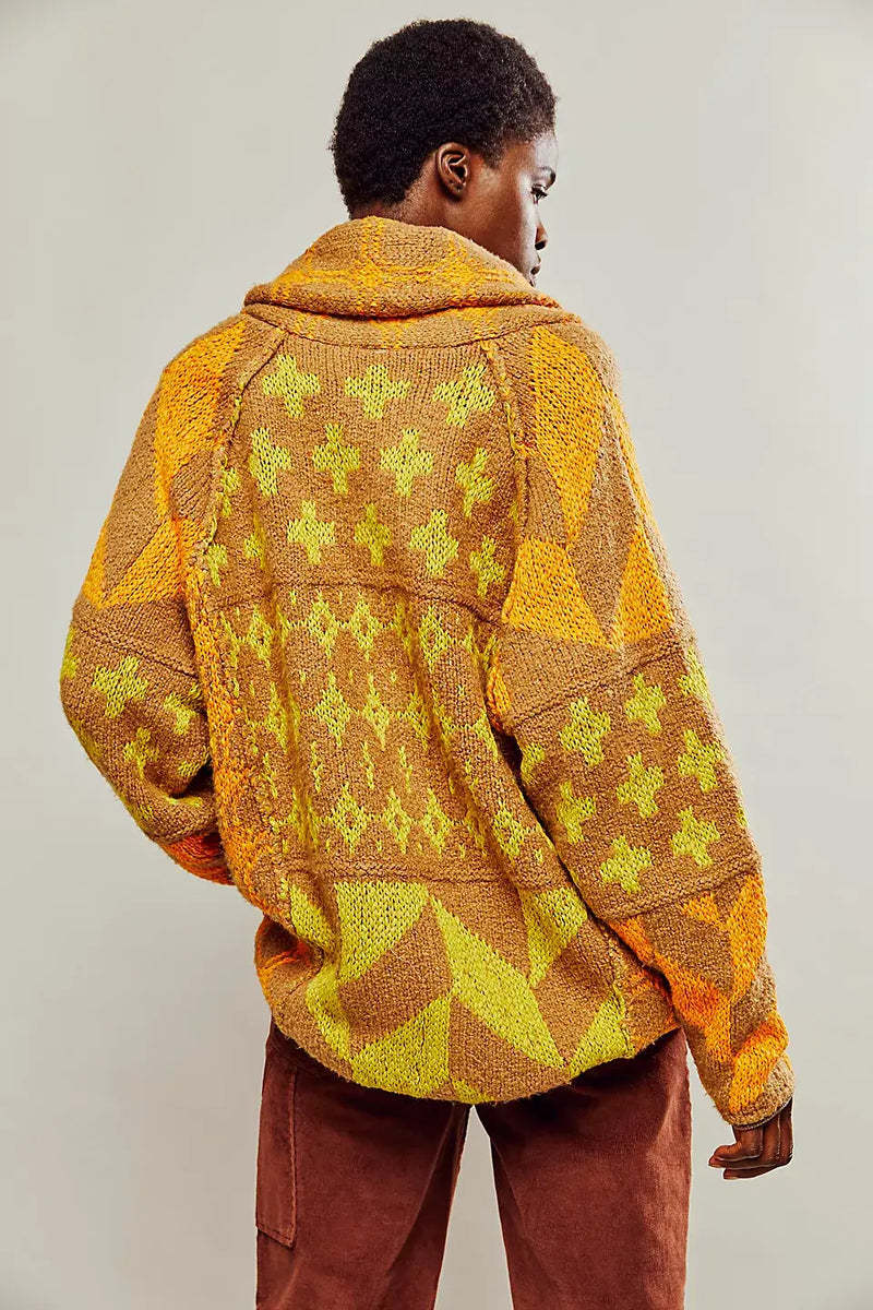 Abstract Print Turn-Neck Loose-Fit Long-Sleeve Knitted Sweater For Women
