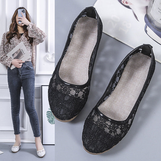 Lace Mesh Hollow Round Toe Shallow Mouth Mom Shoes