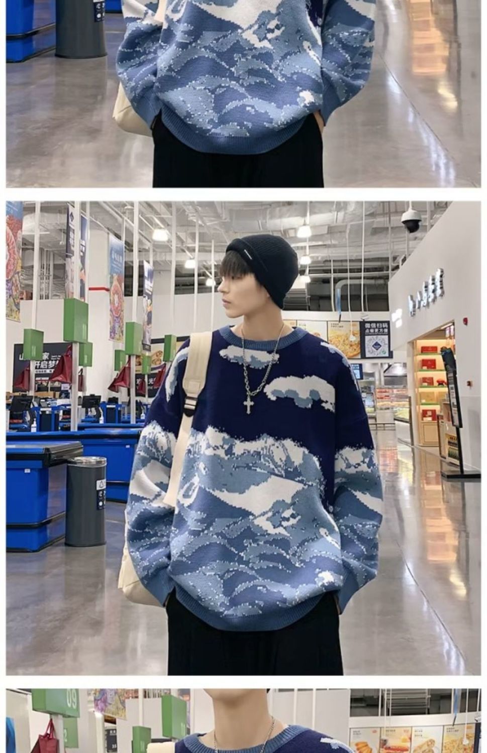 Amerikansk Modebrand Retro Snow Mountain Tie-dye Crew Neck Pullover Sweater