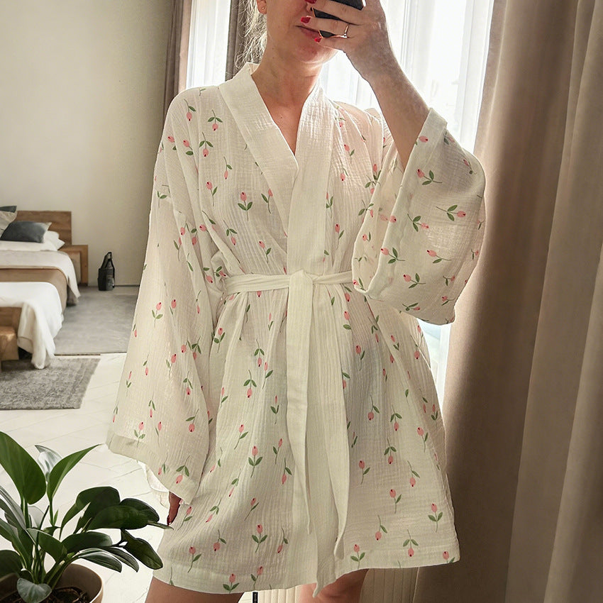 AutumnWinter Tulip-Print Long-Sleeve NightgownBathrobe