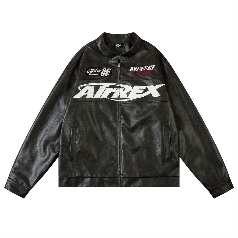 Men's Embroidered Stand Collar Pu Leather Jacket