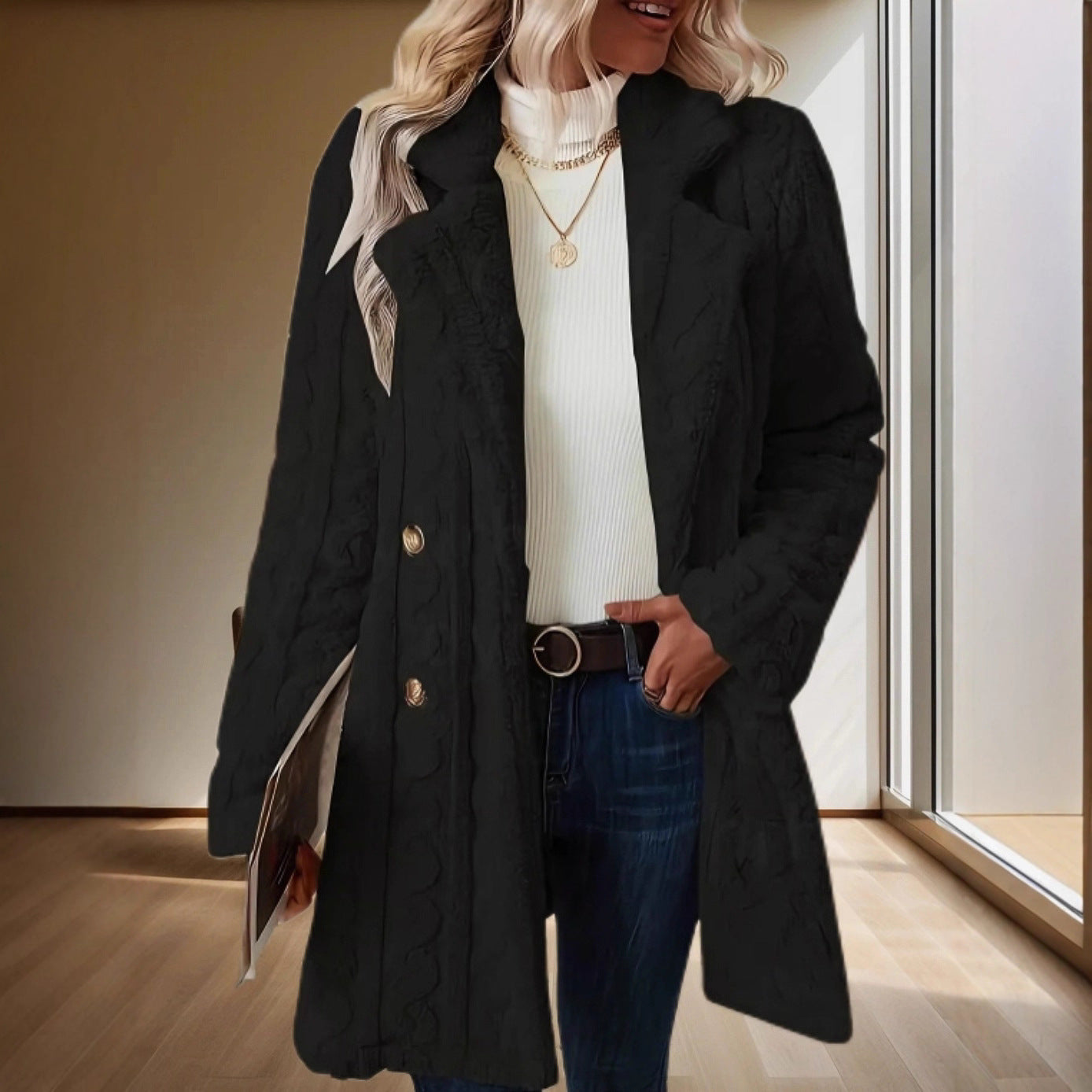 Insulated Suit-collar Double-breasted Mid-length Coat