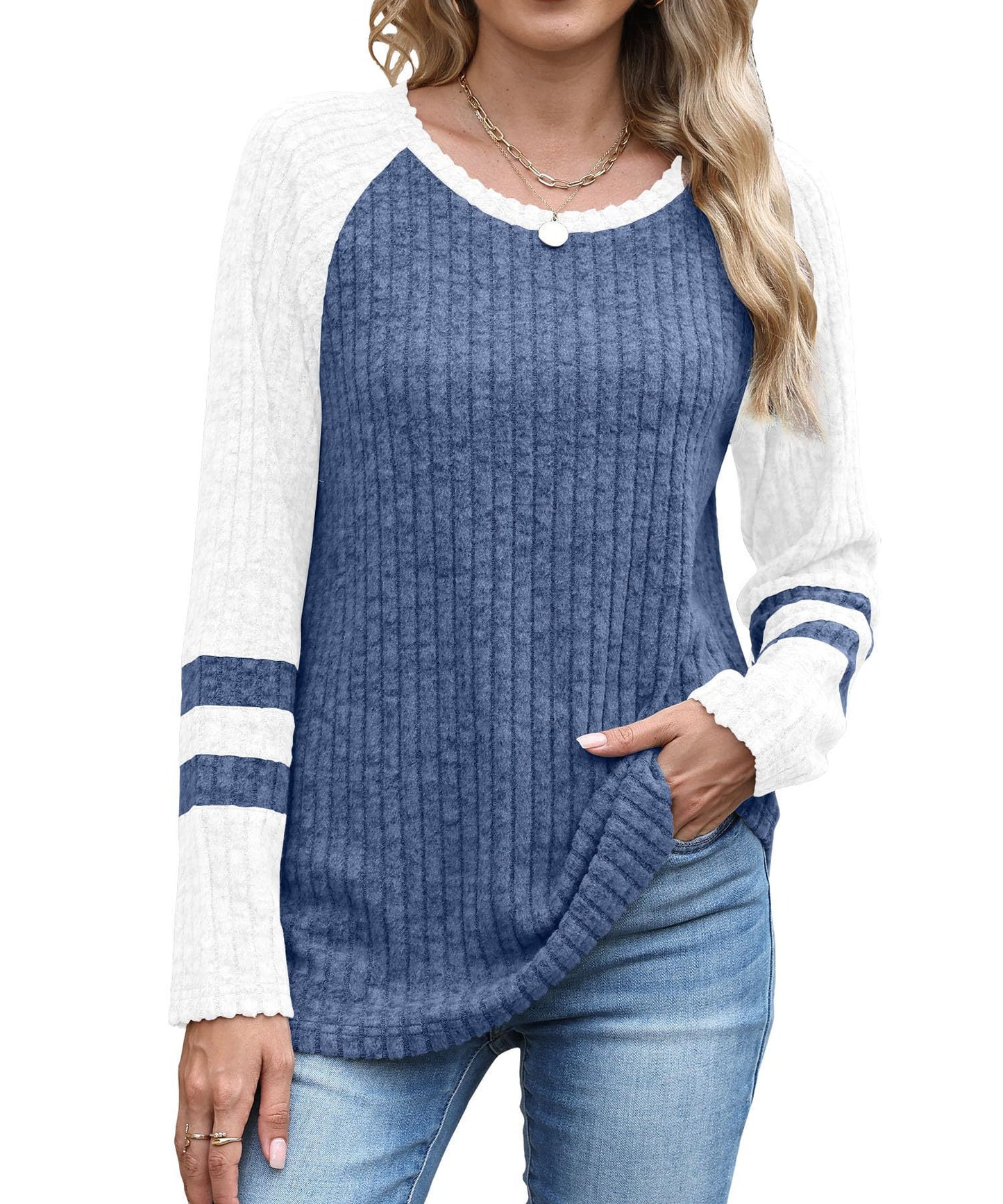 Europæisk og amerikansk mode langærmet sweater med kontrastfarve rund hals top