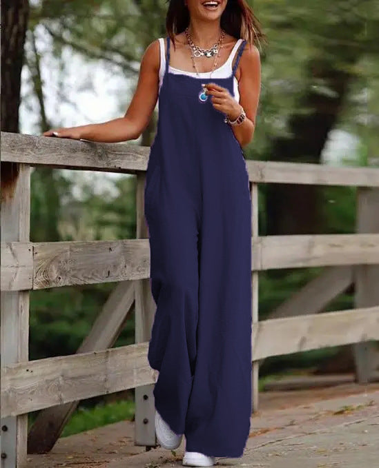 Fashion Casual Women's Pocket Cotton Linen Sleeveless Jumpsuit
