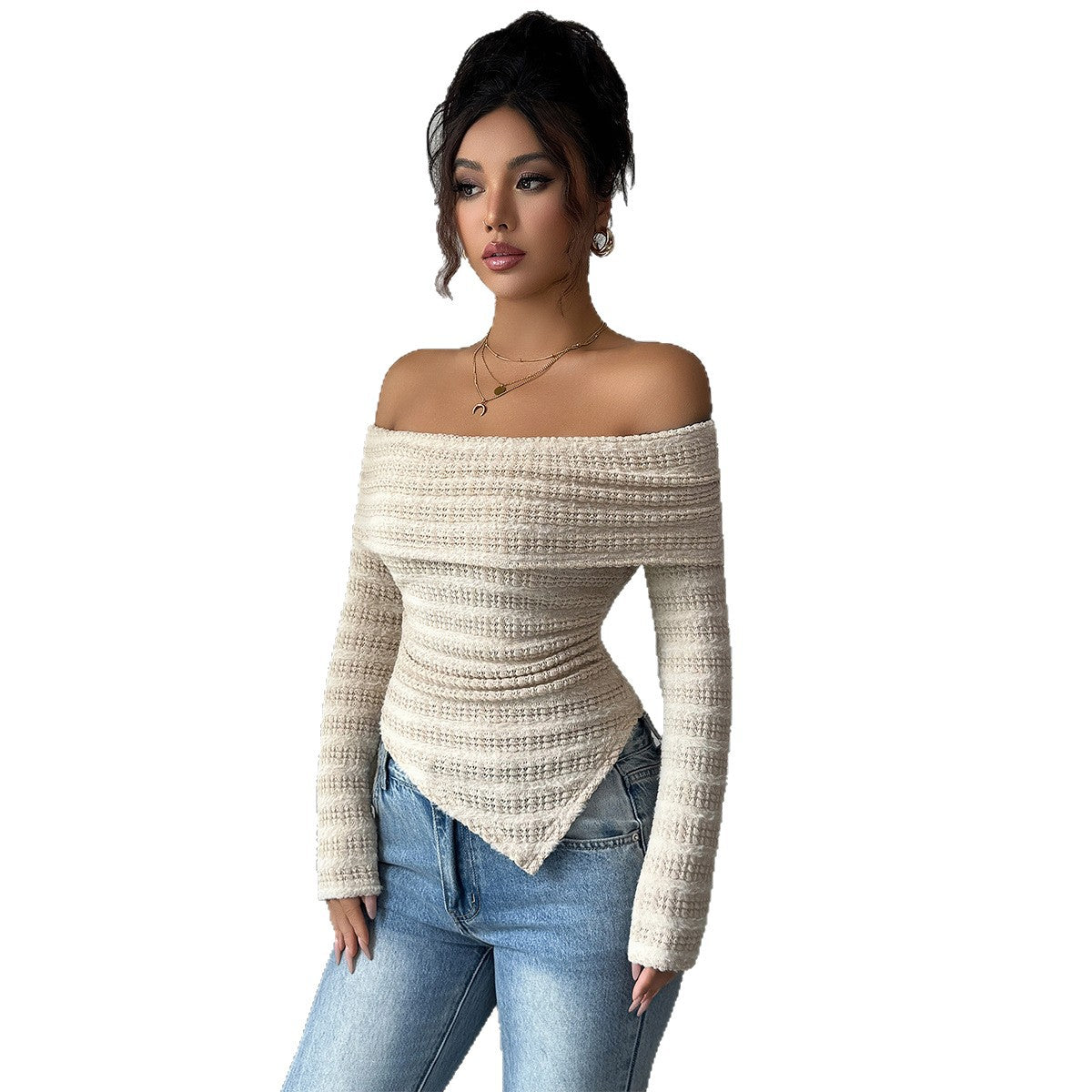 Dame Lysegul Abrikosfarvet Langærmet Off-shoulder T-shirt