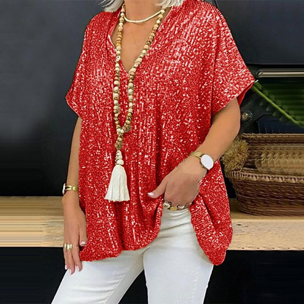 Loose Pullover Sequined V-neck T-shirt Top Women's Clothing