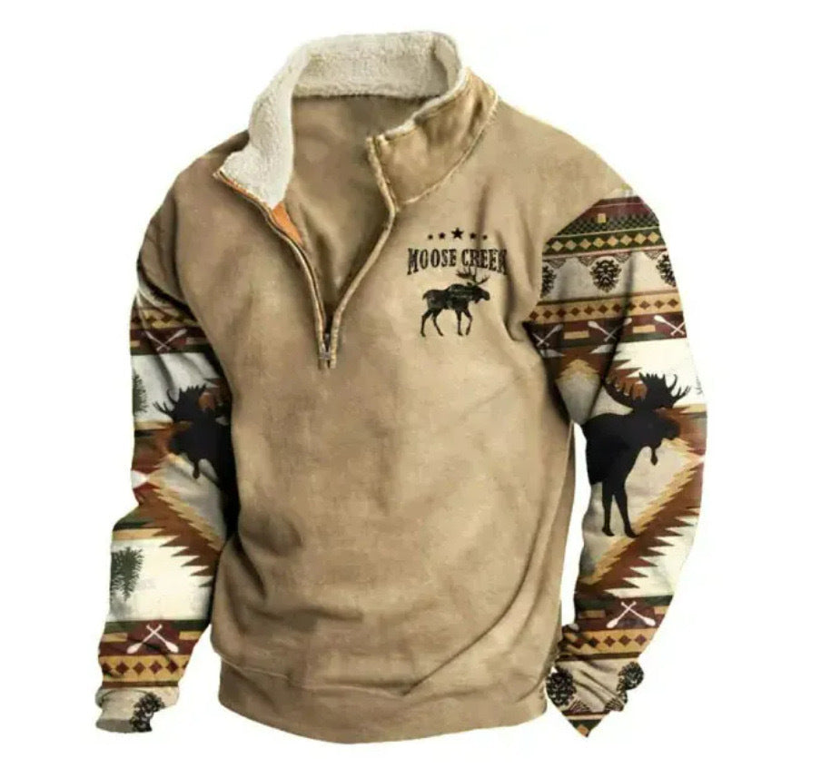 Spring And Autumn Men's Long Sleeves Half Zipper Printed Casual Fashion Jacket Coat