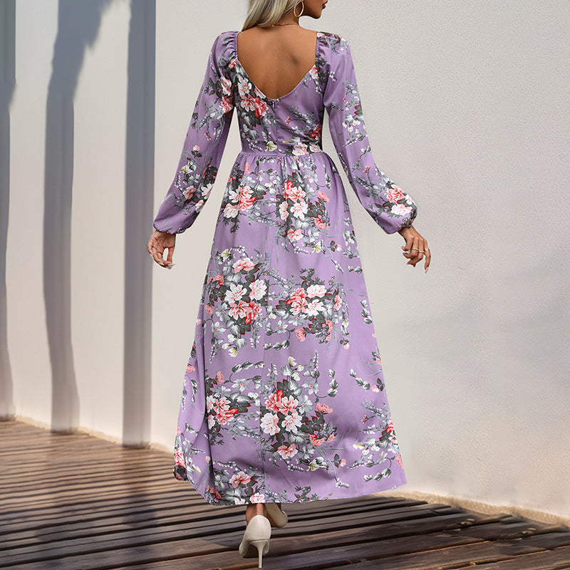 Elegant High-end Split-back Long-sleeve V-neck Printed Dress