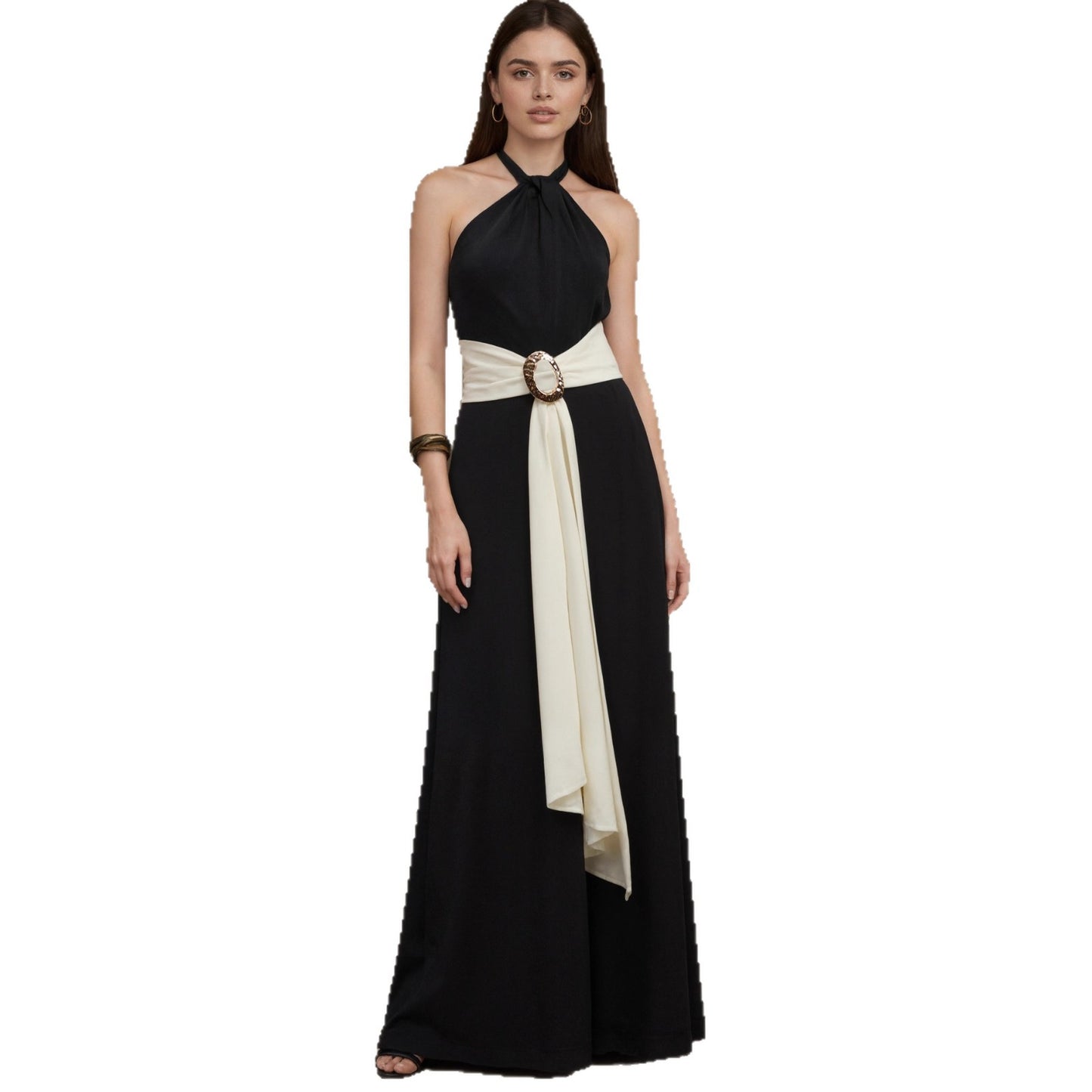 Dame jumpsuit med farveblokke og fransk halterneck
