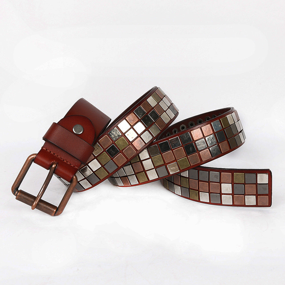 Hairdresser's Top Layer Leather Flat Studded Belt With Square Patch