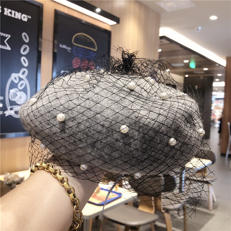 Woolen Pearl Mesh Beret Women's British Retro Hat