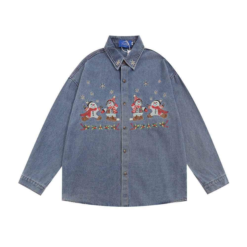 Cartoon Christmas Embroidery Denim Shirt Jacket