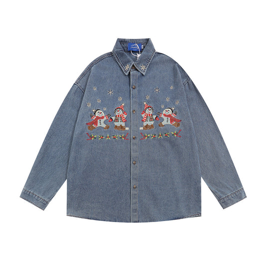 Cartoon Christmas Embroidery Denim Shirt Jacket