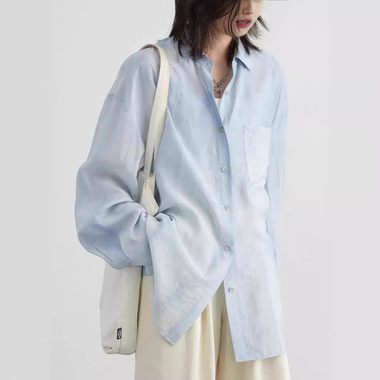 Women's Texture Tie-dyed Lapel Back Slit Long Sleeve Shirt