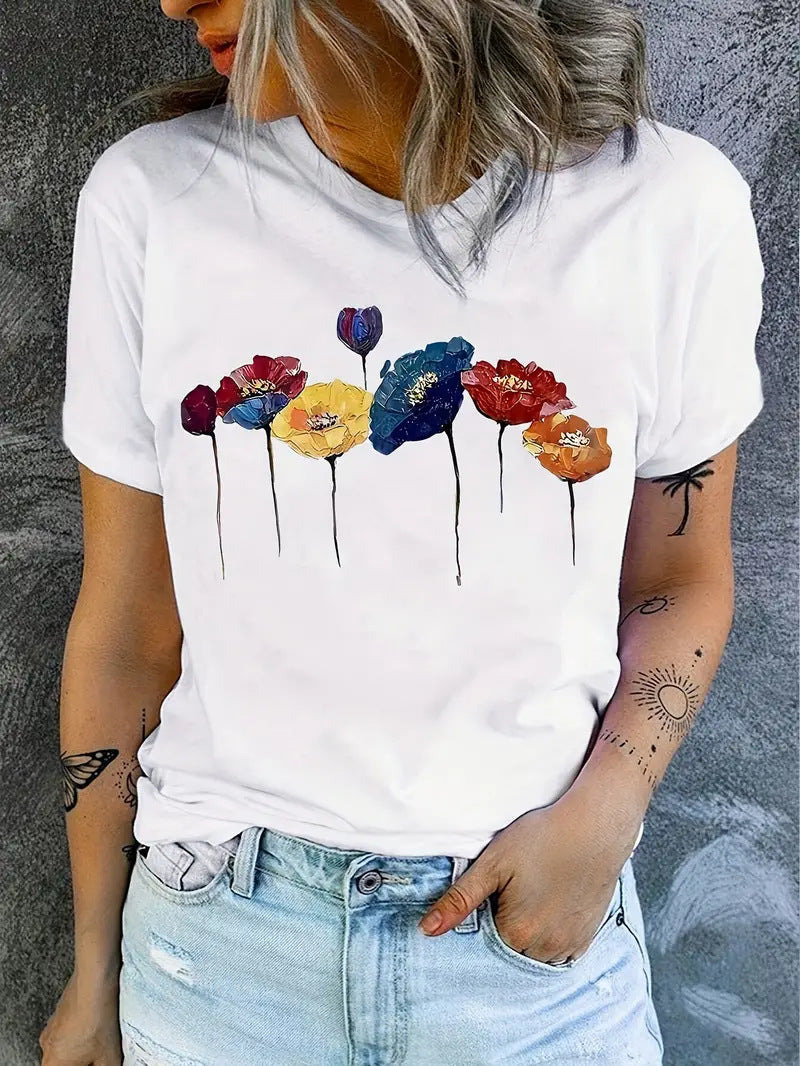 Printed Round Neck Short Sleeve Top