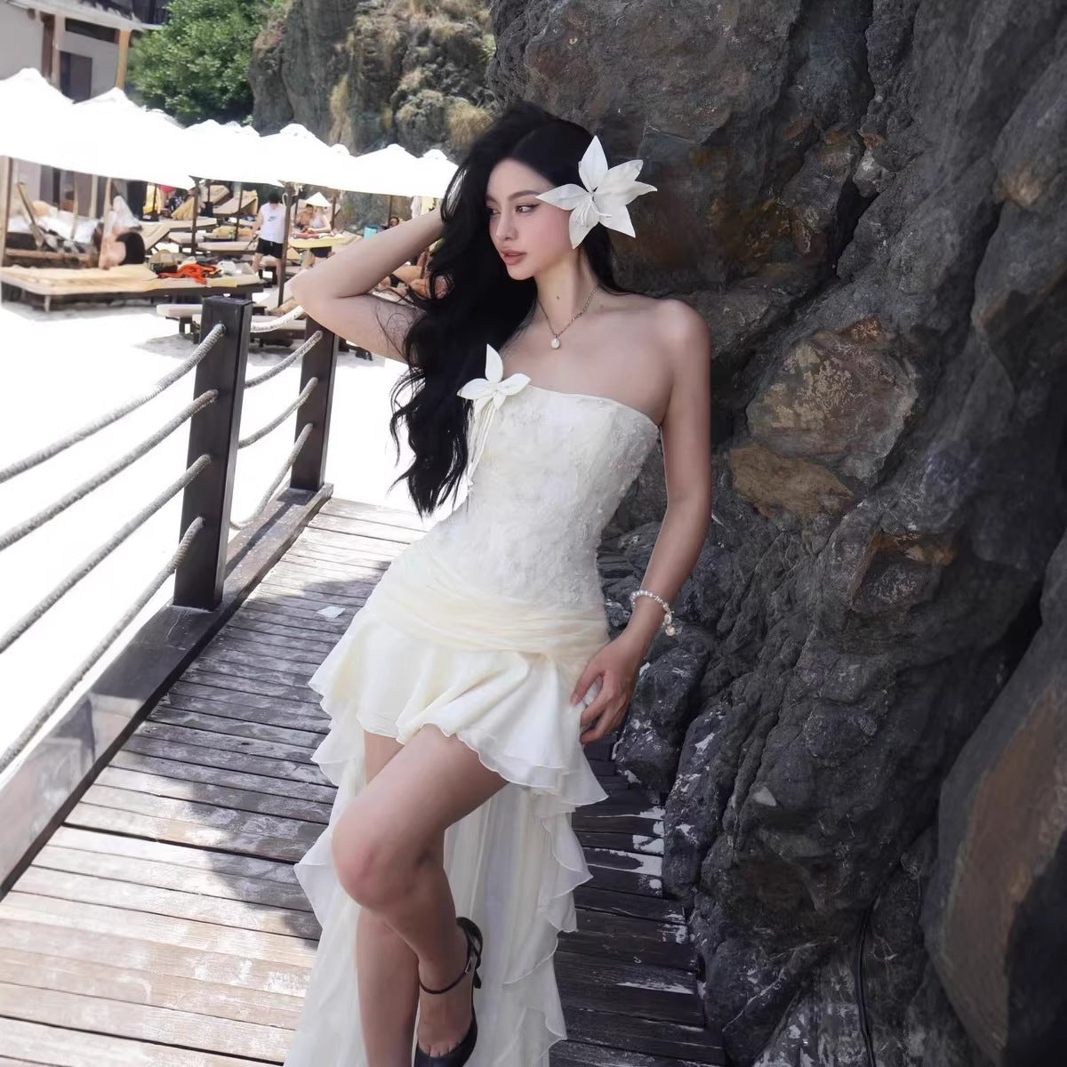 Womens Fashion Floral Ruffle-Collar Tube Dress