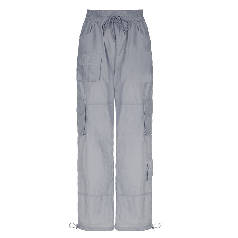 Women's Large Pocket Workwear Woven Loose Drawstring Straight Casual Pants
