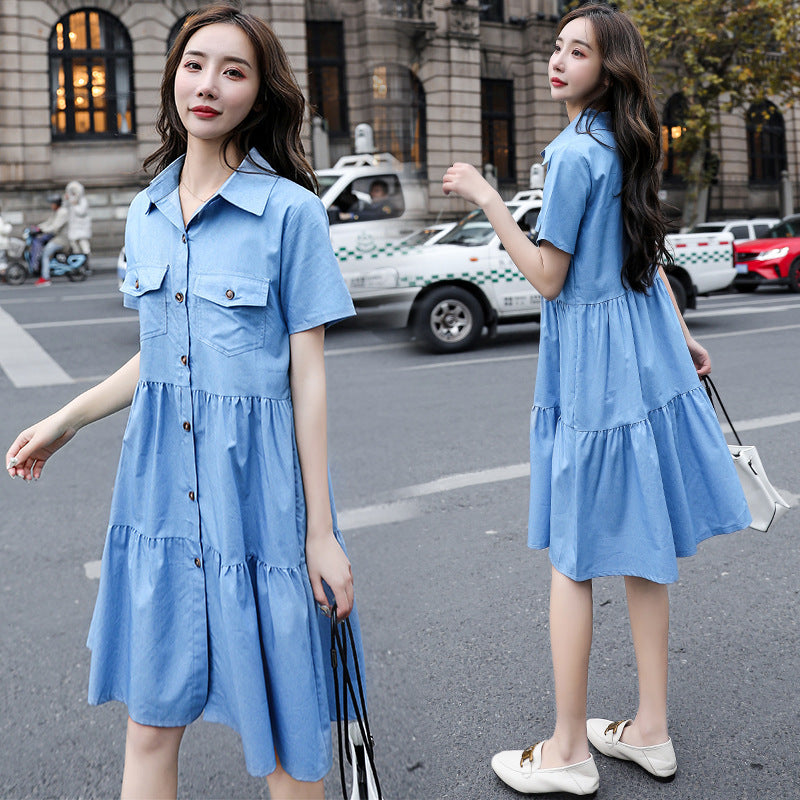 Single-breasted Pocketed Short-sleeve Denim Dress