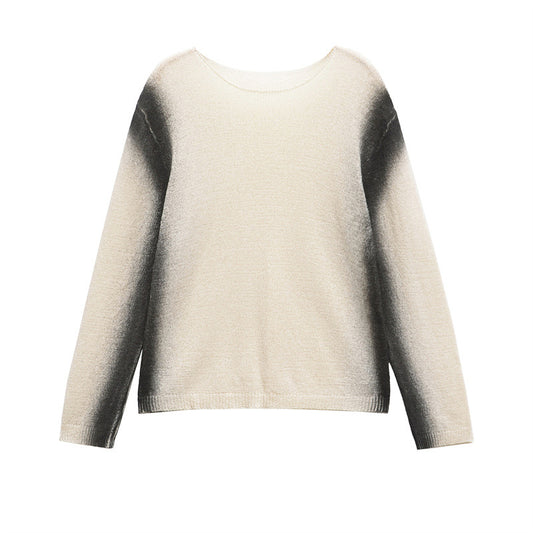 Rundhalset Løs Sweater med Falmet Print og Lange Ærmer