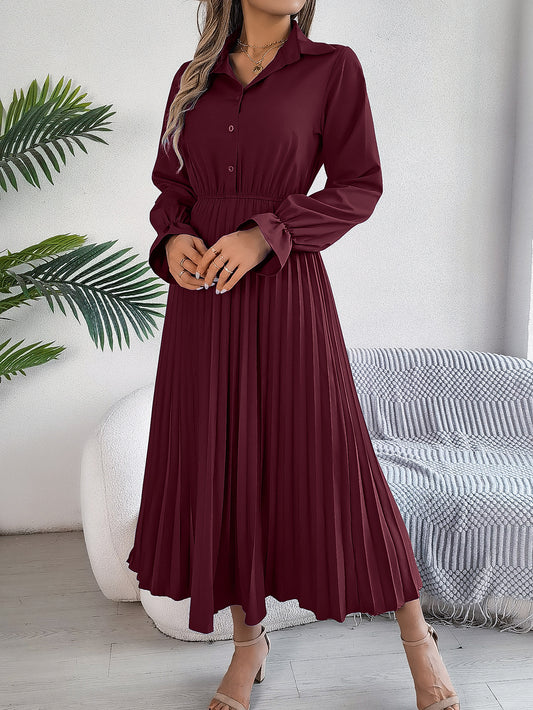 Women's Casual Lapel Button Long Sleeve Tie Waist Pleated Maxi Dress