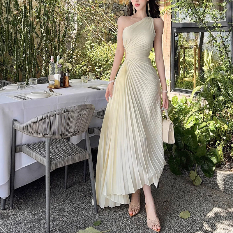 Forår Skråtskåret Skulder Defineret Talje Chiffon Elegant Fransk-inspireret Kjole Til Kvinder