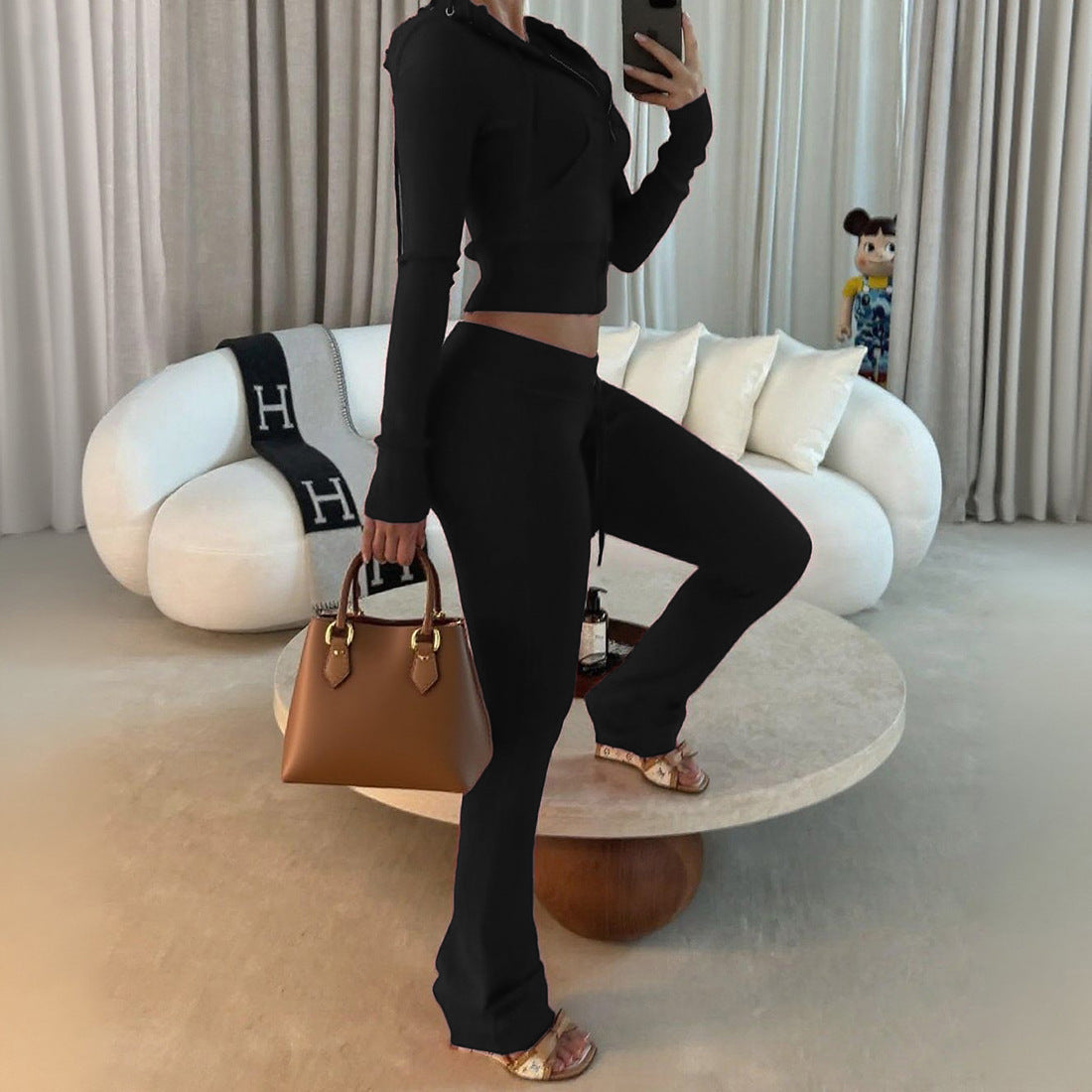 New Autumn Womens Tie-Neck Hooded Zipper Ribbed Long-Sleeve Solid-Color Slim-Fit Sporty Tracksuit