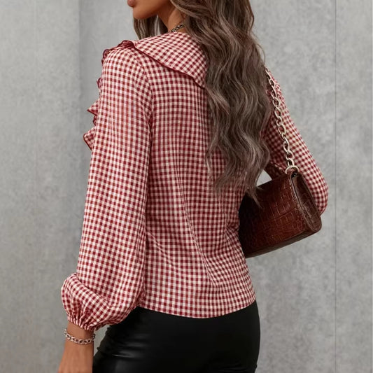 Womens Fashionable Casual Small-Plaid Layered Shirt