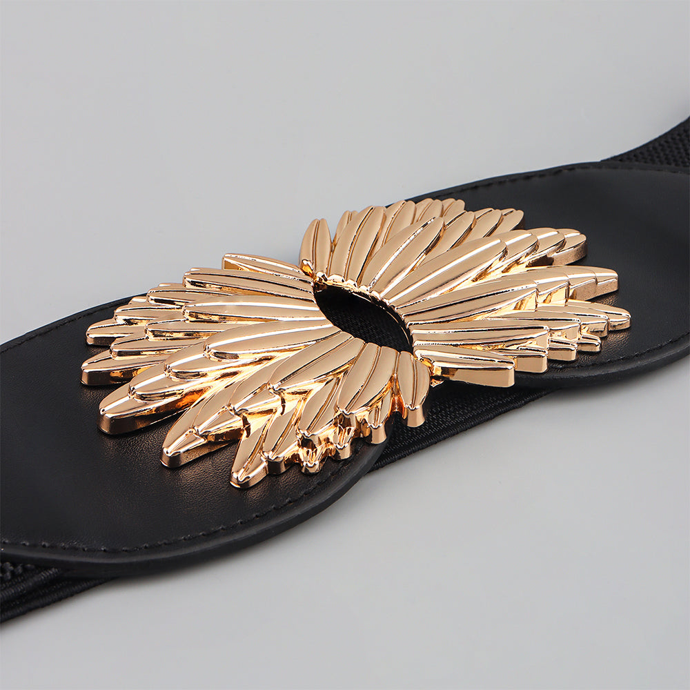 New Autumn Winter Black Elastic Waistband Sunflower Alloy Buckle Waist Cover All Match Slim Elegant Design Decorative Coat