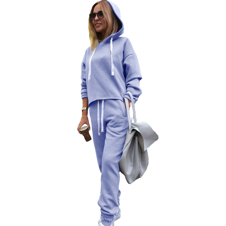 Solid Color Women's Hooded Irregular Sweatshirt Suit Two-piece Set