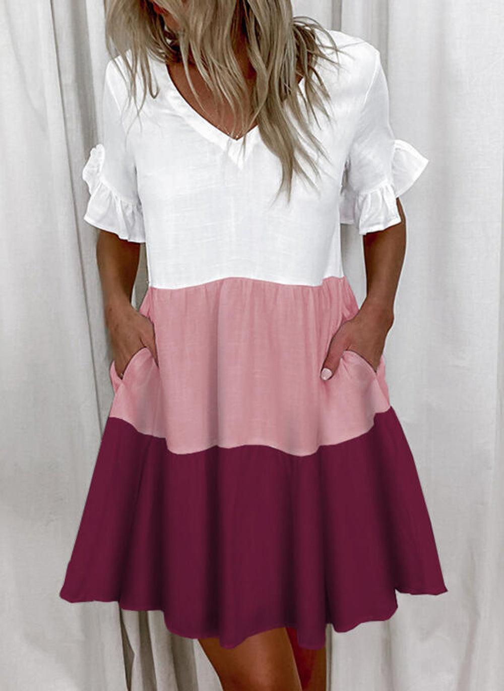 Fashion Printed Ruffle Pocket Short Dress