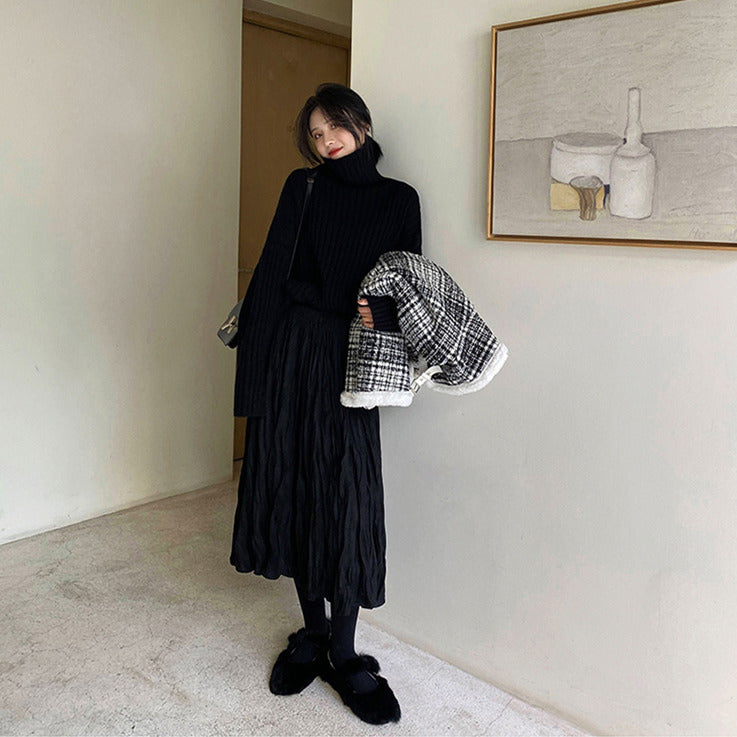 Velvet Pleated Long Skirt A-line Half Length Skirt
