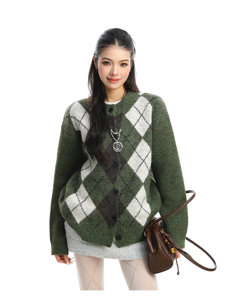 Rhombus Cardigan Knitted Sweater Coat